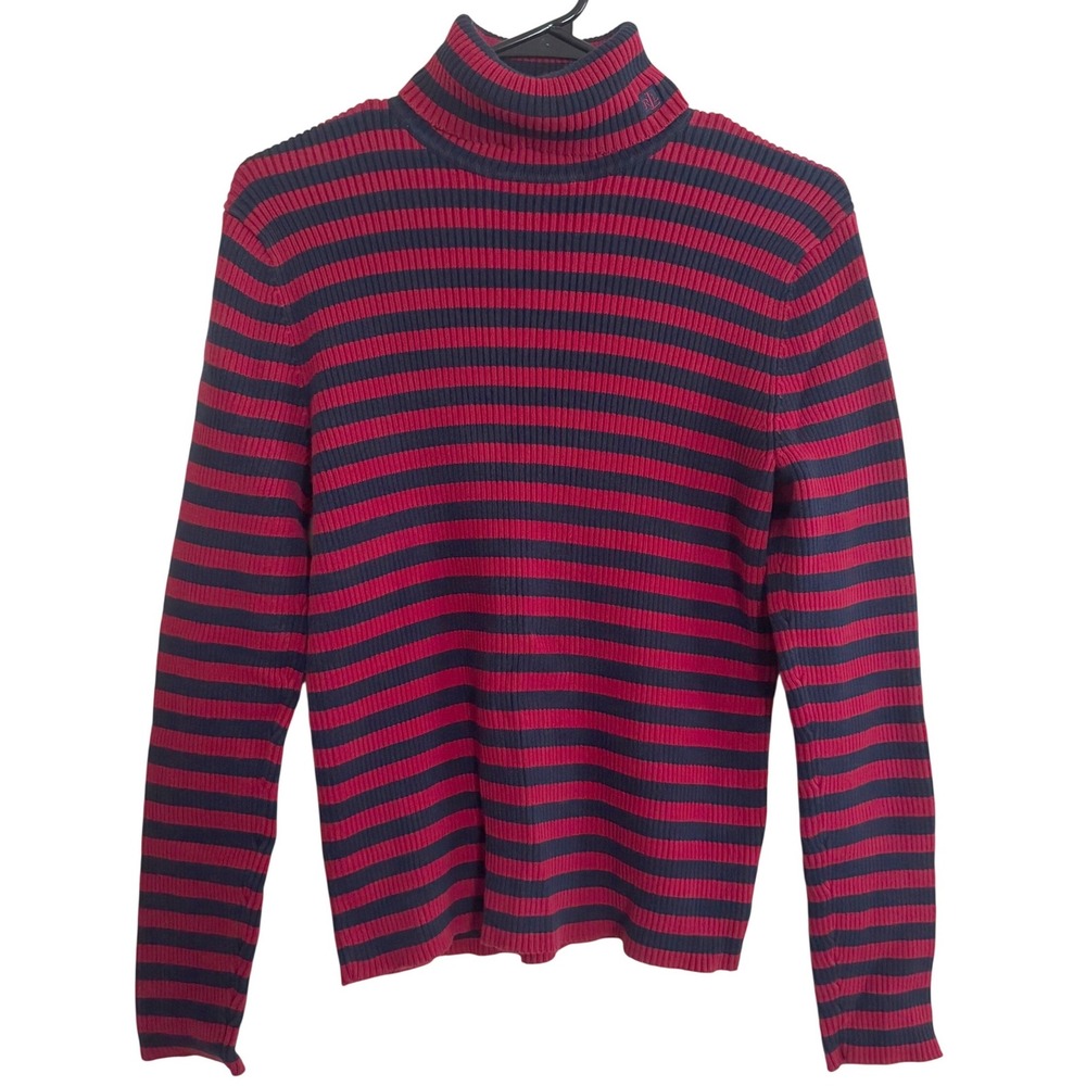 Vintage Lauren Ralph Lauren Cotton Striped Turtleneck Sweater Red & Navy Size L